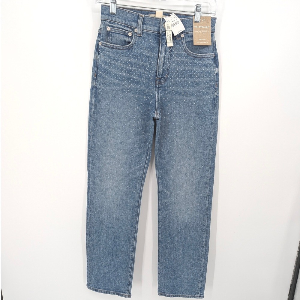 Madewell 90s Straight Jeans Women 25 Blue Beaded‎ Embellished High Rise Jewel